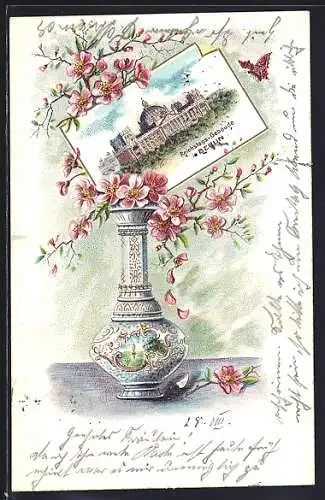 Lithographie Berlin-Tiergarten, Reichstags-Gebäude, Motiv auf Ansichtskarte in Blumenvase