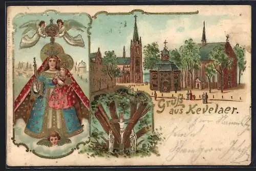 Lithographie Kevelaer, Wallfahrtskirche und Gnadenkapelle, Gnadenbild, Jesus am Kreuz