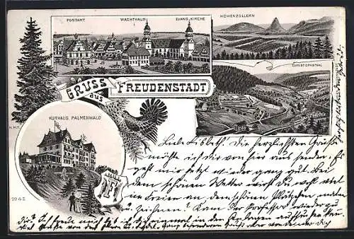 Lithographie Freudenstadt, Postamt, Wachthaus, Evang. Kirche, Kurhaus Palmenwald