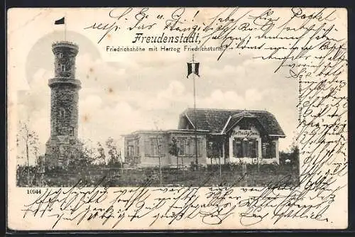 AK Freudenstadt, Friedrichshöhe mit Herzog Friedrichsturm und Restaurant