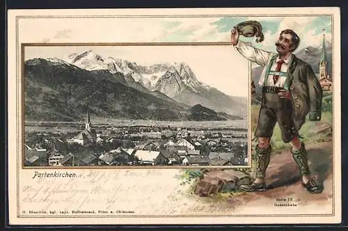 Passepartout-Lithographie Partenkirchen, Totalansicht mit Bergpanorama, Mann in Tracht