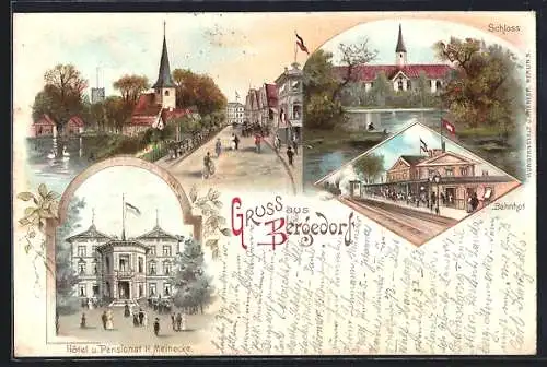 Lithographie Hamburg-Bergedorf, Hotel H. Meinecke, Schloss, Bahnhof