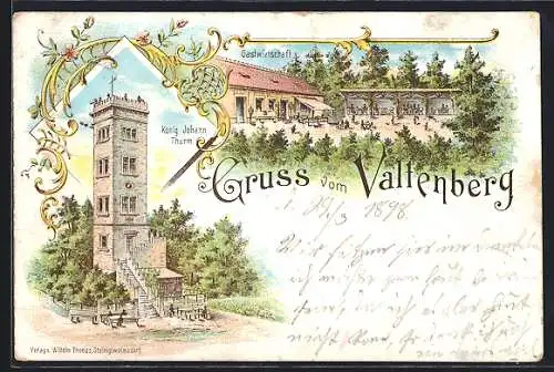 Lithographie Neukirch, Valtenberg, Aussichtsturm, Gastwirtschaft um 1900