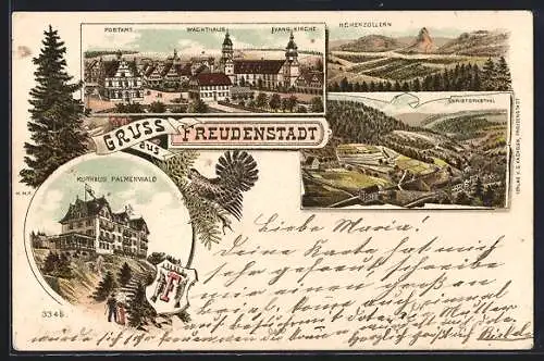 Lithographie Freudenstadt, Kurhaus Palmenwald, Postamt, Wachthaus, Hohenzollern