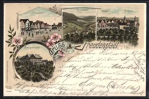 Lithographie Freudenstadt, Marktplatz, Schwarzwald-Hotel, Postamt