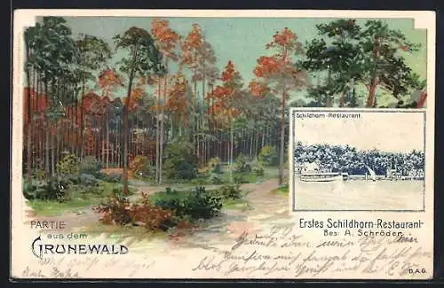 Lithographie Berlin-Grunewald, Erstes Schildhorn-Restaurant von A. Schröder