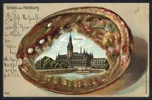 Passepartout-Lithographie Hamburg, Rathaus in einer Muschel