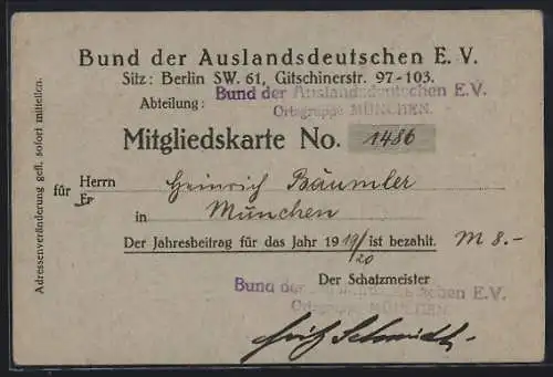 AK Berlin-Kreuzberg, Bund der Auslandsdeutschen e. V., Gitschinerstrasse 97-103, Mitgliedskarte No. 1486