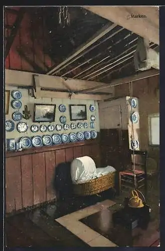 Künstler-AK Photochromie Nr. 2954: Marken, Inneres einer Bauernstube mit Wiege