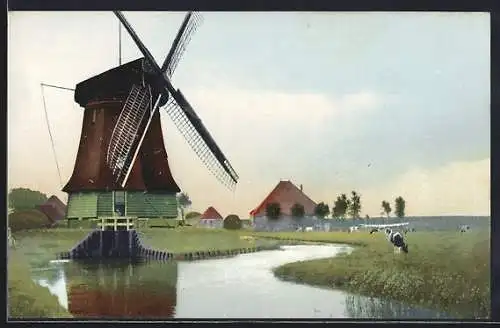 Künstler-AK Photochromie Nr. 1427: Uferpartie mit Windmühle und Kühen