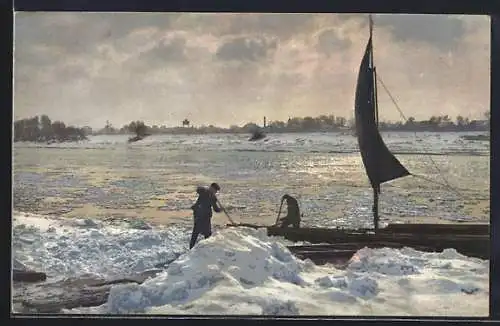 Künstler-AK Photochromie Nr. 90 /2076: Segelboot auf vereistem Fluss