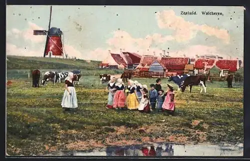 Künstler-AK Photochromie Nr. 165/2958: Walcheren /Zeeland, Kinder und Kühe vor einer Windmühle