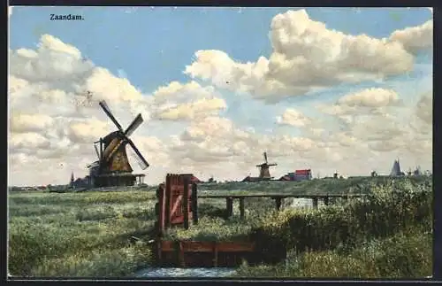 Künstler-AK Photochromie Nr.: 2945, Zaandam, Windmühlen am Feld