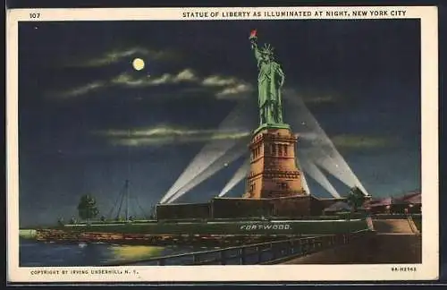 AK New York City, NY, Statue of Liberty as illuminated at Night