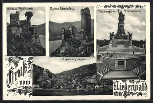 AK Assmannshausen, Schloss Rheinstein, Ruine Ehrenfels, National-Denkmal