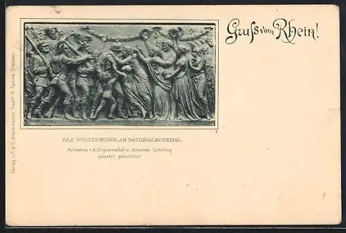 AK Rüdesheim /Rhien, Relief: Das Wiedersehen am Nationaldenkmal