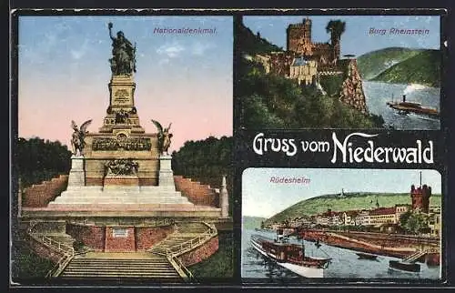 AK Rüdesheim, Nationaldenkmal auf dem Niederwald, Burg Rheinstein, Uferpartie mit Dampfer