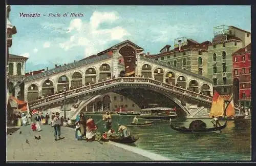 AK Venezia, Ponte di Rialto, Spaziergänger am Ufer, Dampfer, Gondel