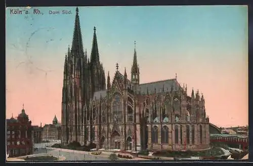 AK Köln a. Rhein, der Dom, Ansicht von Süden aus, Blick zum Bahnhof dahinter