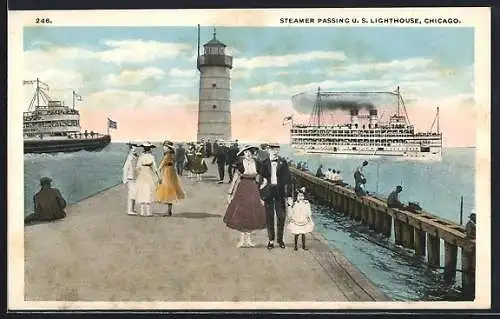 AK Chicago, Steamer Passsing U. S. Lighthouse