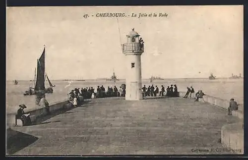 AK Cherbourg, La Jetee et la Rade, Segelboot & Leuchtturm