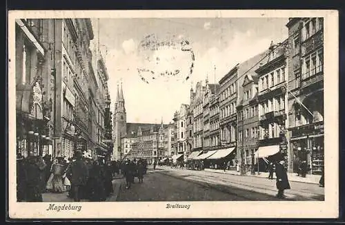 AK Magdeburg, Strasse Breiteweg mit Geschäften