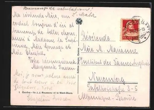 AK Genève, Ile J. J. Rousseau et le Mont-Blanc