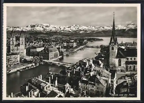 AK Zürich, Panorama mit Stadt und Alpen