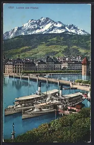 AK Luzern, Dampfer am Anleger, Blick zum Pilatus