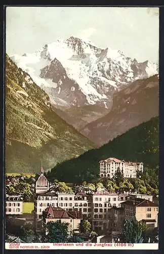 AK Interlaken, Blick über einen Teil der Ortschaft zur Jungfrau