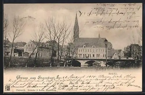 AK Stassfurt, Blick zur Brücke mit Kirche dahinter