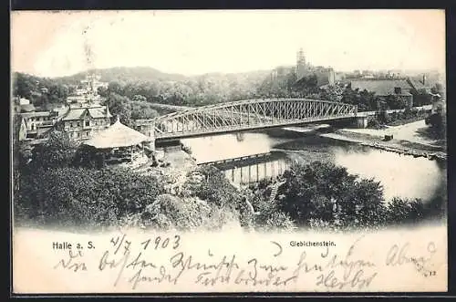 AK Halle-Giebichenstein a. S., Gesamtansicht mit Saalebrücke