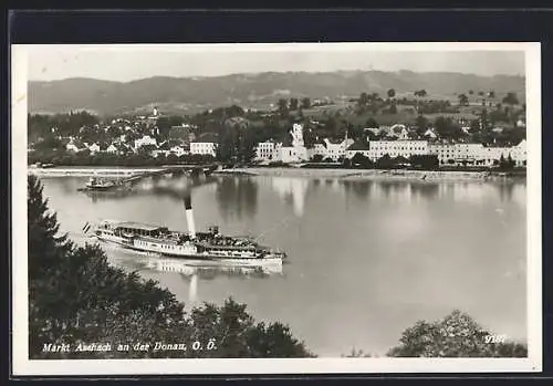 AK Markt Aschach a. d. Donau /O.-Ö., Ortsansicht über den Fluss mit Dampfer