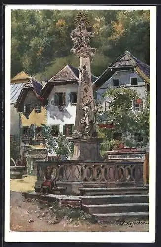 Künstler-AK Brüder Kohn (B.K.W.I) Nr. 920-4: E.F. Hofecker: Hallstatt, Marktplatz mit Denkmal