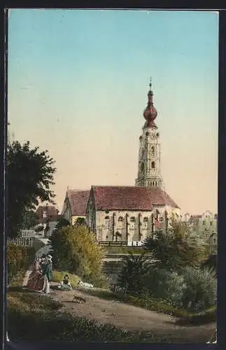 AK Braunau, Pfarr- u. St. Martinskirche um 1850