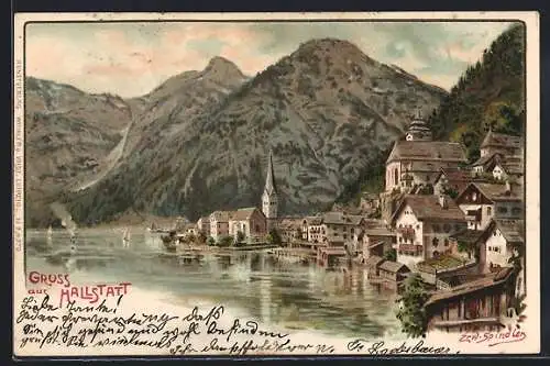 Künstler-AK Erwin Spindler: Hallstatt, Ortsansicht am Bergfuss