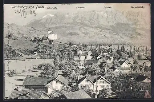 AK Werdenberg, Ortsansicht gegen Buchs, Schafberg, Altmann, Gulmen und Kreuzlistöcke