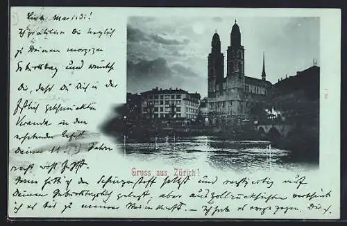 Mondschein-AK Zürich, Kirche vom Wasser aus