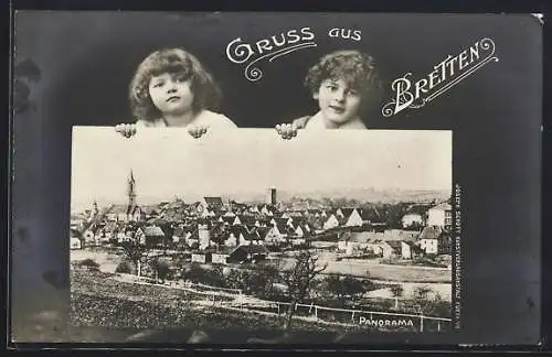 AK Bretten, Panorama im Passepartout mit zwei Kindern