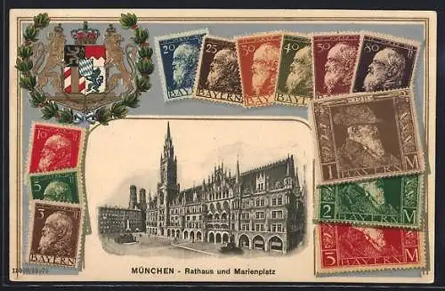 AK München, Marienplatz, Wappen und Briefmarken mit Prinzregent Luitpold