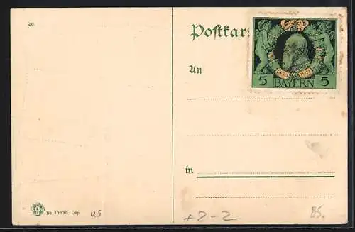 AK München, Marienplatz, Wappen und Briefmarken mit Prinzregent Luitpold
