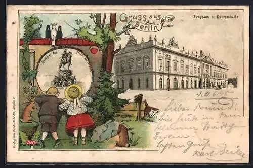 Passepartout-Lithographie Berlin, Zeughaus und Ruhmeshalle, Kinder blicken durch eine Mauer