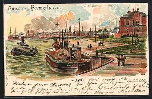 Lithographie Bremerhaven, Hafen und Steuermannschule