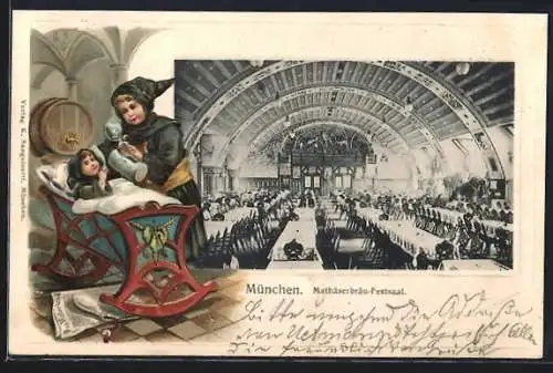 Passepartout-Lithographie München, Gasthof Mathäserbräu-Festsaal, Münchner Kindl mit Baby