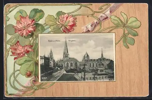 Passepartout-Lithographie Essen a. d. Ruhr, Burgplatz mit Kirche, Kleeblatt-Passepartout