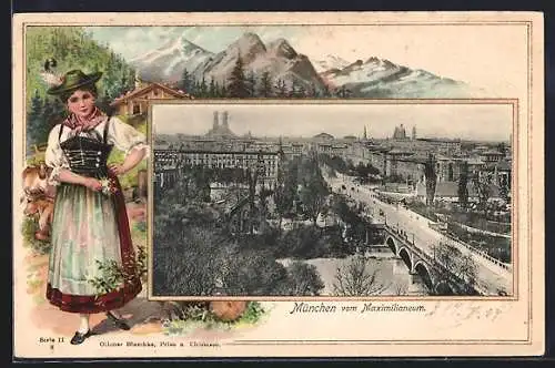 Passepartout-Lithographie München, Blick vom Maximilianeum, Dame in Tracht mit Berglandschaft