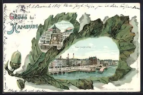 Passepartout-Lithographie Hamburg-Neustadt, Lessing-Denkmal und neuer Jungfernstieg gerahmt von Eichenblättern