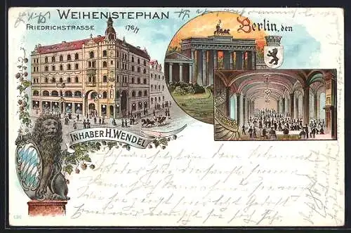 Lithographie Berlin, Hotel Weihenstephan in Friedrichstrasse 176 /177 von H. Wendel