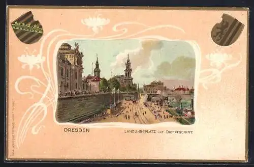 Passepartout-Lithographie Dresden, Landungsplatz der Dampfschiffe, Wappen