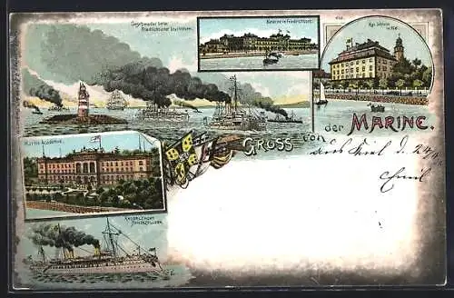 Lithographie Kiel, Kriegsschiff-Geschwader beim Friedrichsorter Leuchtturm, Kaserne, Marine-Akademie